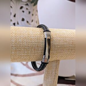 NWOT Men's Braided Black Leather & Stainless Steel Bracelet.